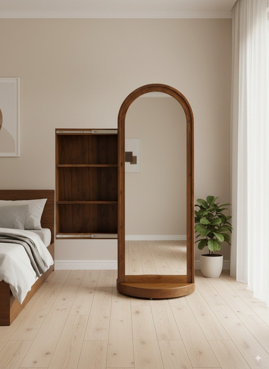Swivel Mirror with Concealed Storage Teak